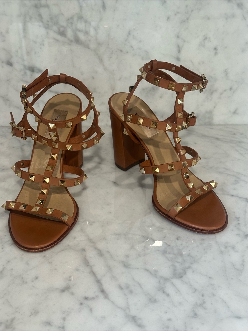 Valentino Garavani Brown Leather Studded Strappy Block Heel Sandals